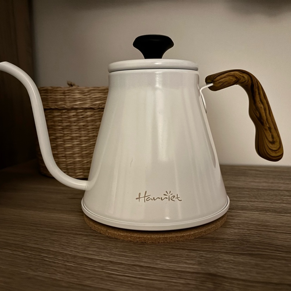 Sleek Off-White Gooseneck Kettle with Wooden-look Handle